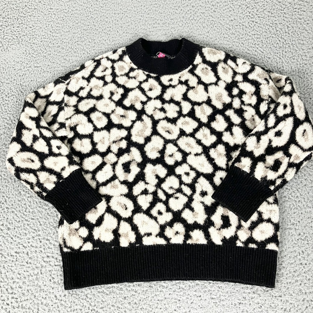 Vince Camuto Sweater Womens XS Black Leopard Print‎ Crewneck Knit Pullover